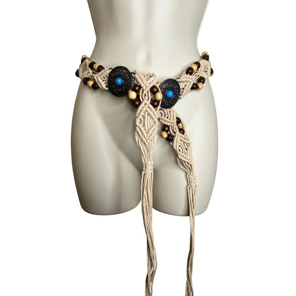 Boho Tribal Woven Rope Belt w/ Faux Turquoise & Beads Beachy Bohemian Style 78'' - Picture 6 of 6